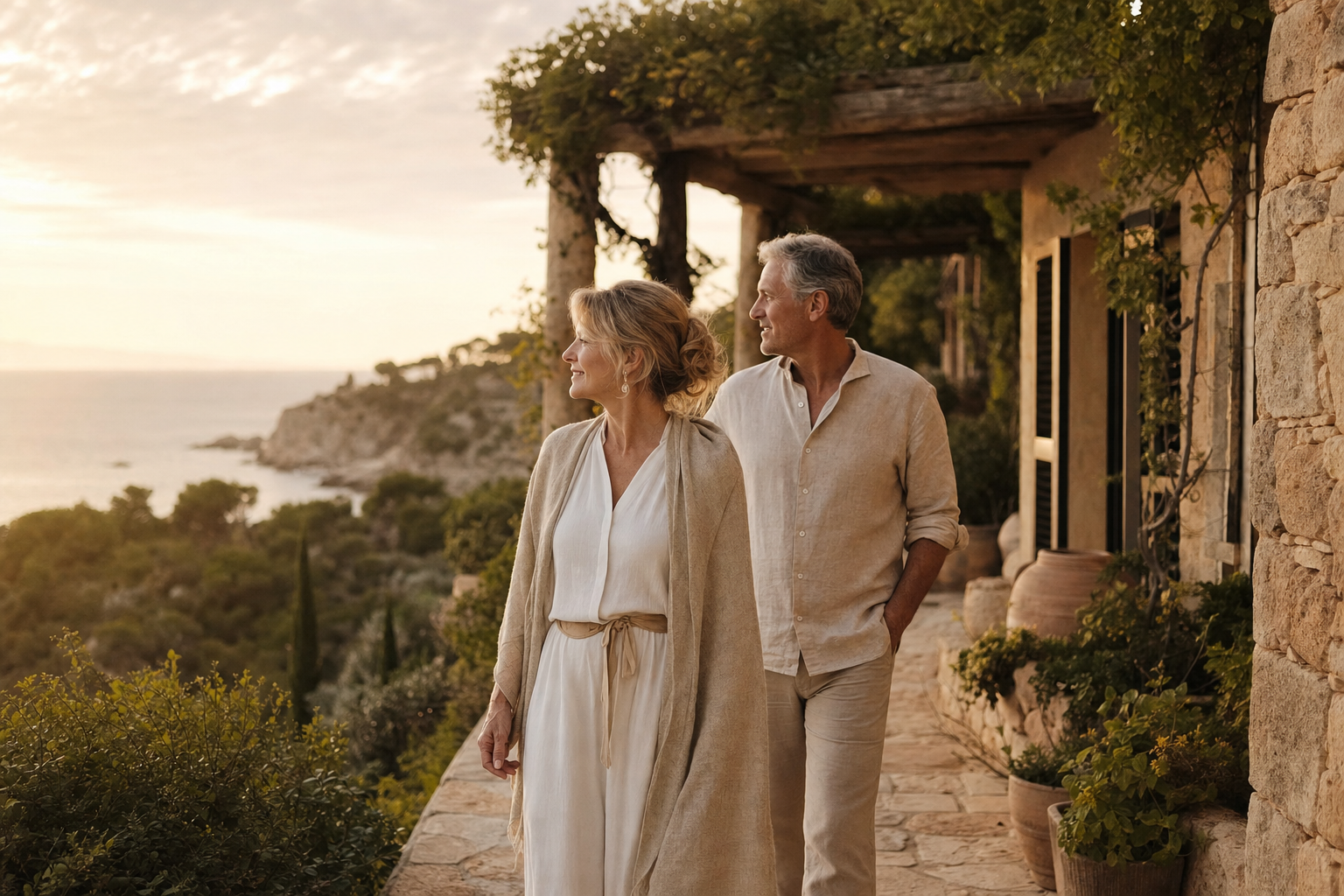 A couple walking along a sunlit coastal terrace, at ease in the life their planning supports